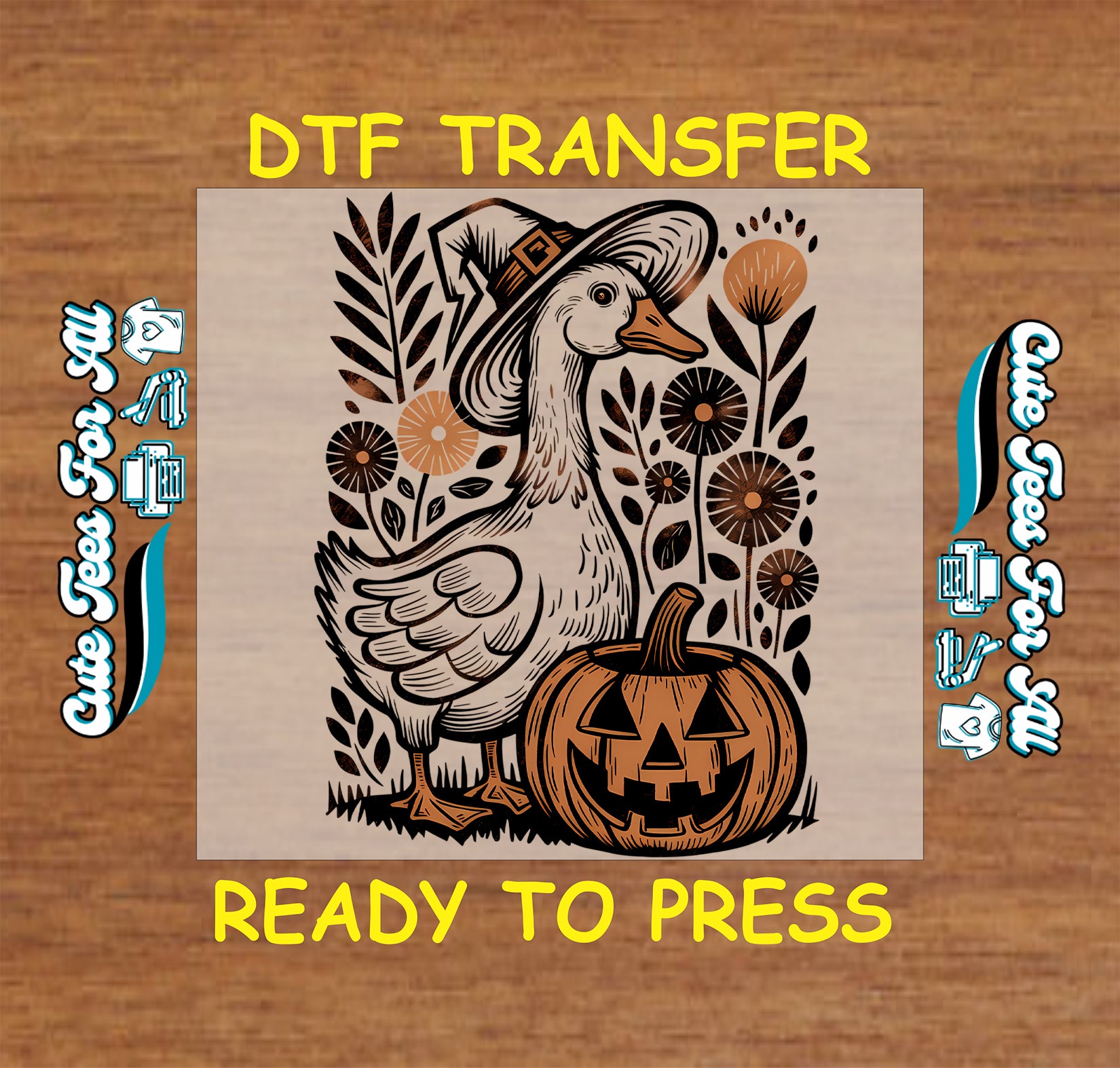 Goose with pilgrim hat and pumpkin artwork ready to press dtf iron on heat transfer with fall floral details