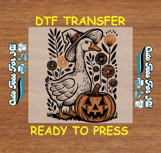 Goose with pilgrim hat and pumpkin artwork ready to press dtf iron on heat transfer with fall floral details