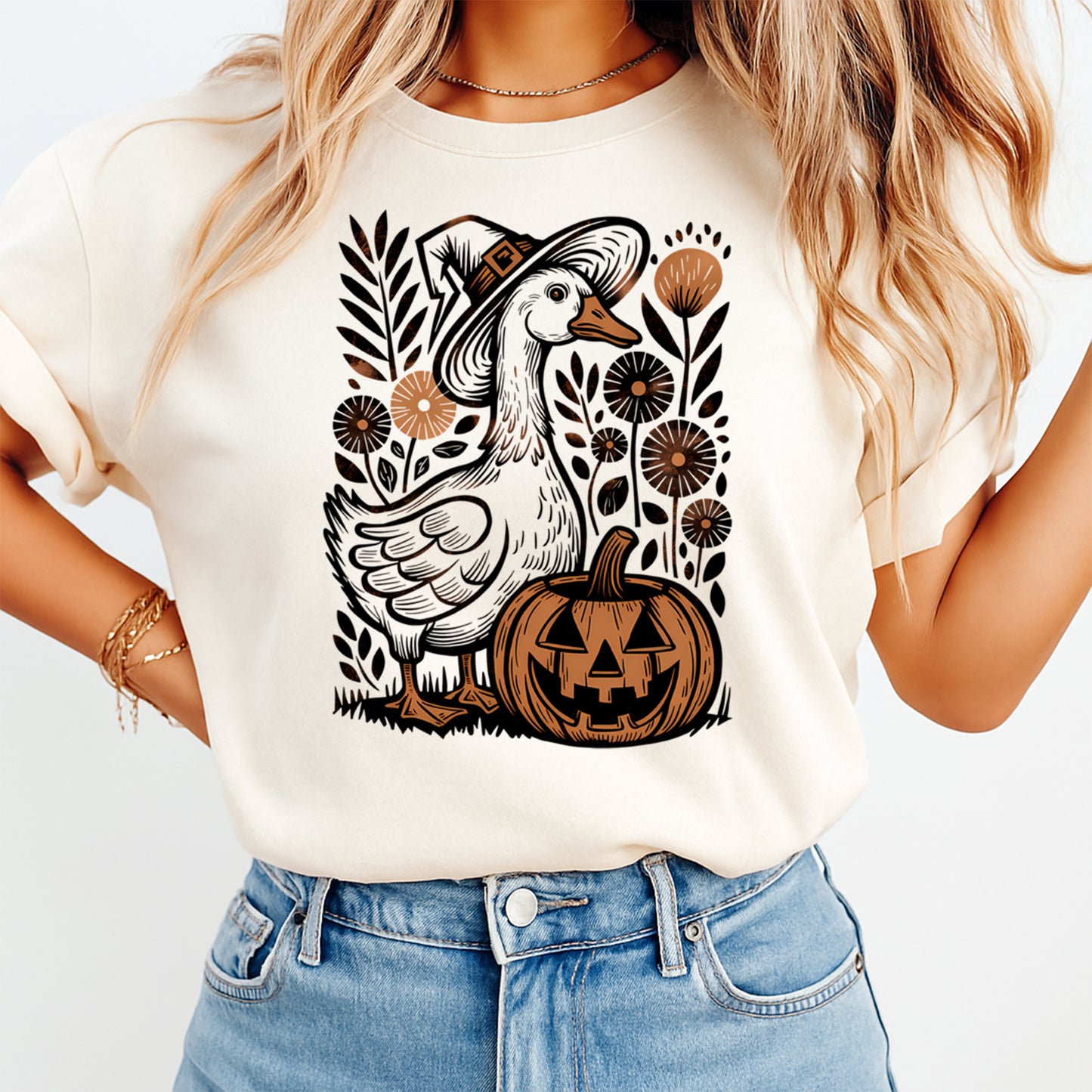 Goose pumpkin Halloween graphic displayed on shirt mockup for fall and Halloween season apparel