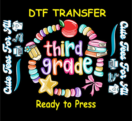 Third grade back to school ready to press dtf transfer with apple, books, pencil, star, bow, and colorful lettering on black background