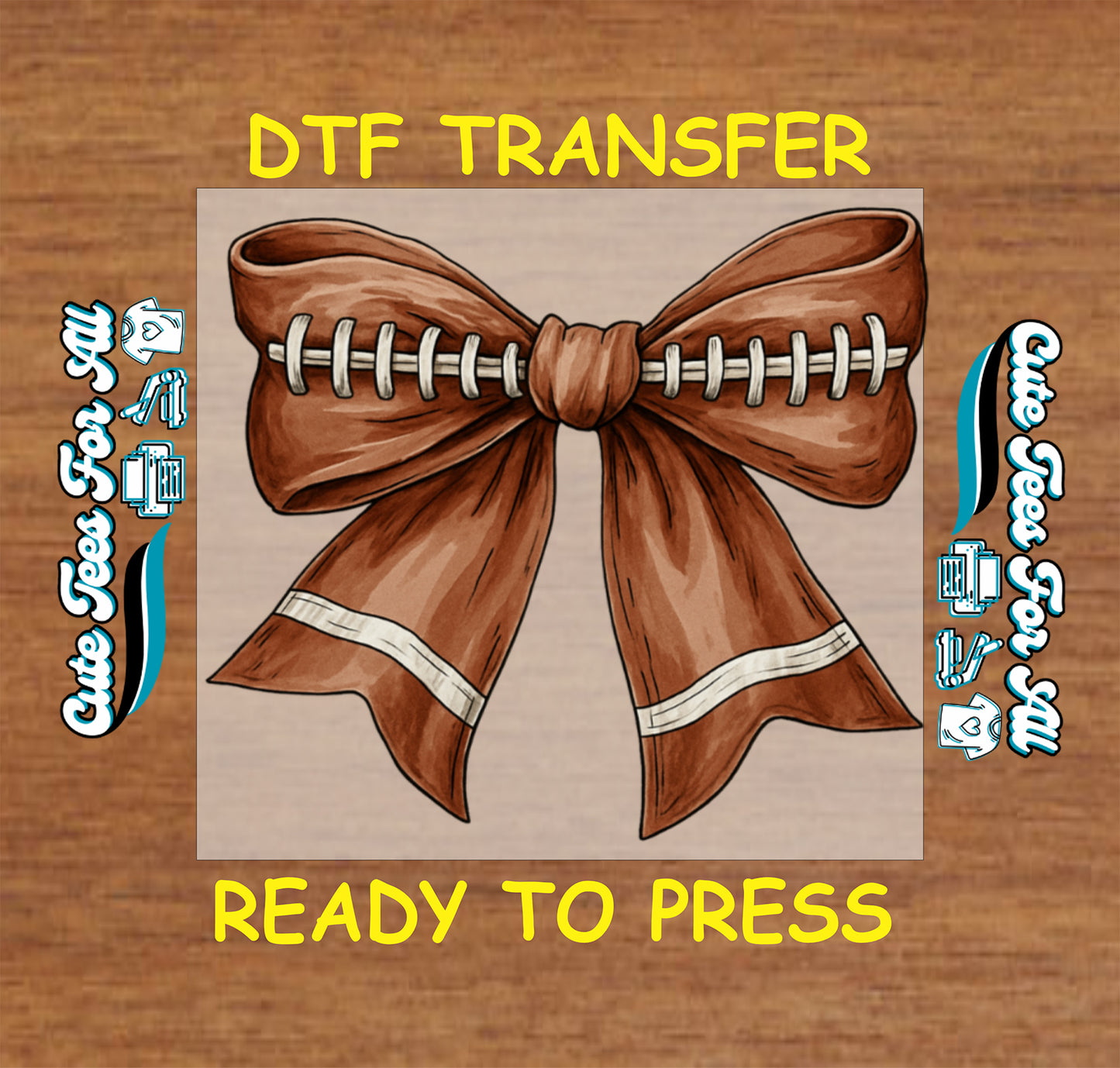Football bow ready to press dtf transfer featuring brown bow with football laces on a clean background