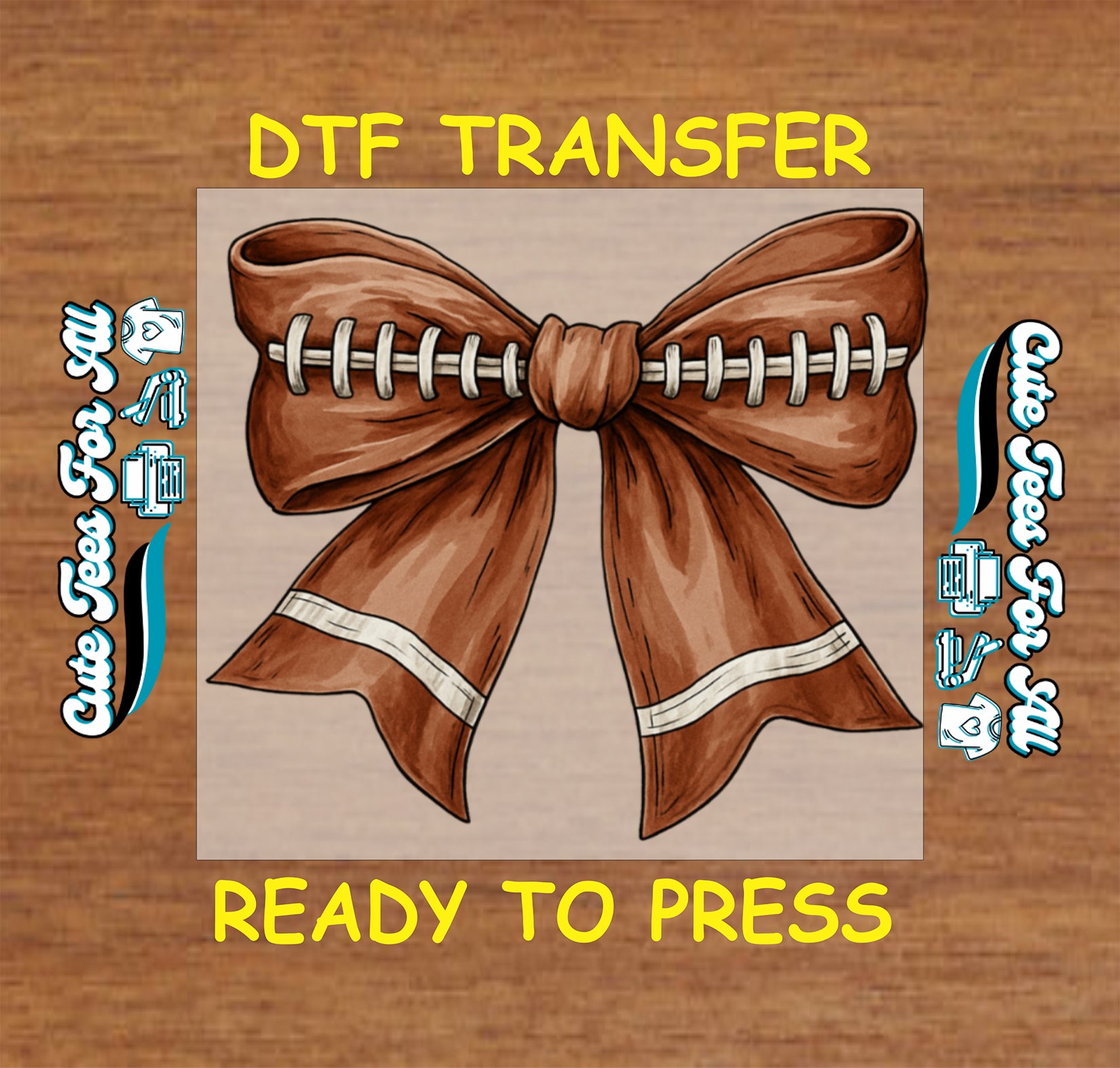 Football bow ready to press dtf transfer featuring brown bow with football laces on a clean background