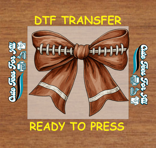 Football bow ready to press dtf transfer featuring brown bow with football laces on a clean background