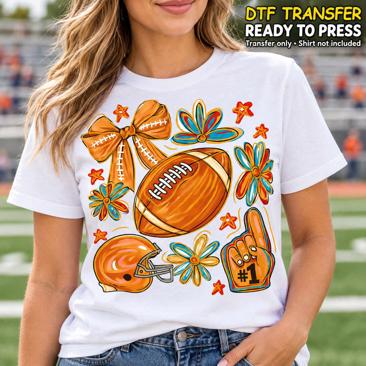 Fall Football Bow and Daisy DTF Transfer - Ready to Press shirt mock up