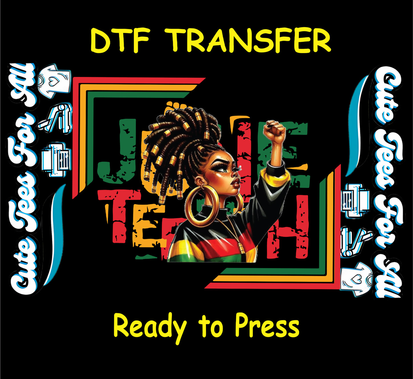 Juneteenth power fist afro woman illustration ready to press dtf transfer with red black green accents for DIY Juneteenth shirts