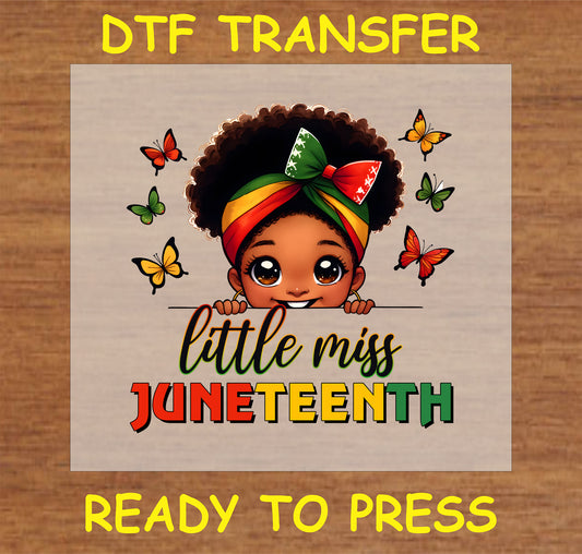 "Little Miss Juneteenth DTF transfer with an adorable girl in a headwrap and butterflies"