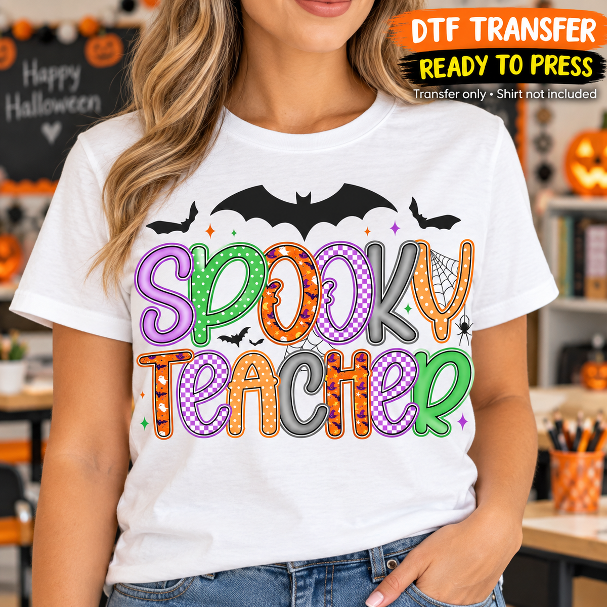 Halloween Spooky Teacher Patchwork Bats DTF Transfer - Ready to Press shirt mock up