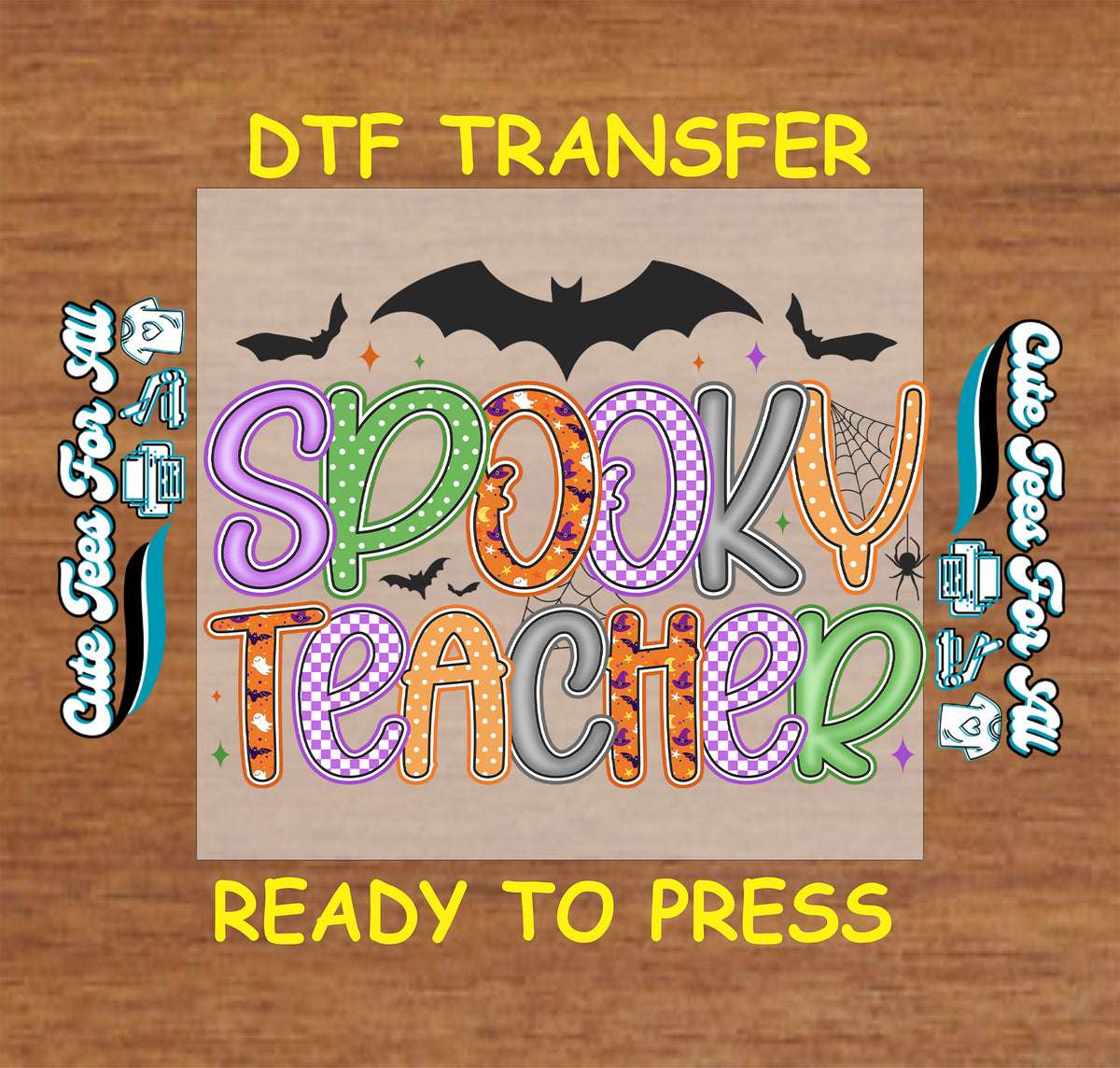 Halloween Spooky Teacher Patchwork Bats DTF Transfer - Ready to Press mock up