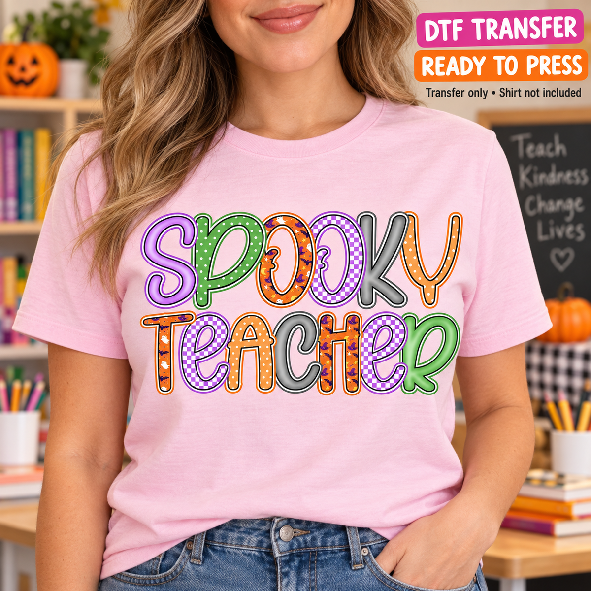 Halloween Spooky Teacher Colorful Patchwork DTF Transfer - Ready to Press shirt mock up
