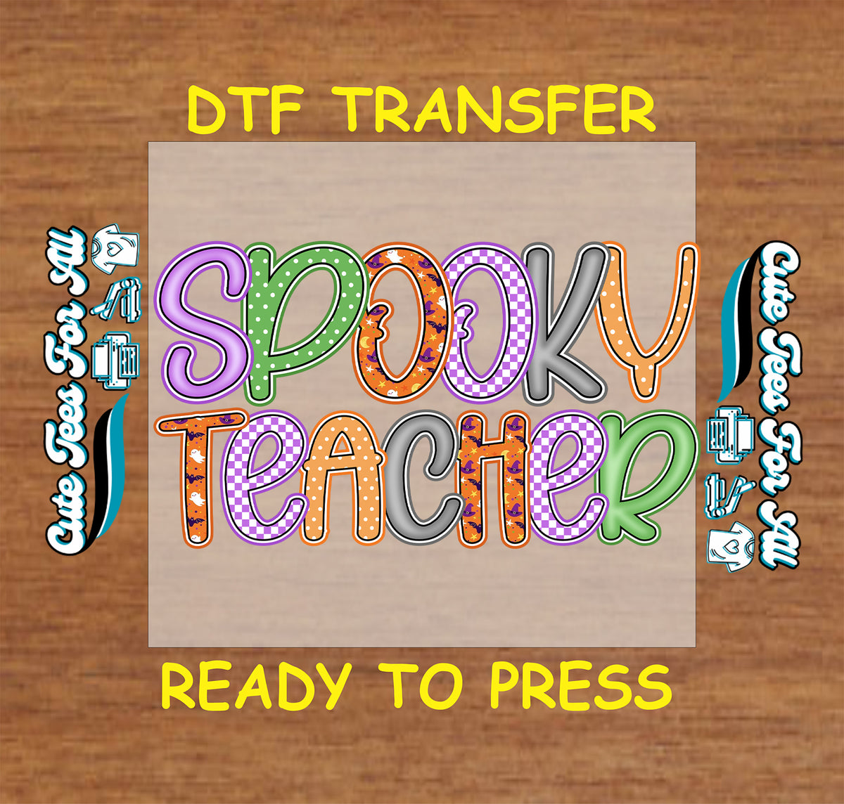 Halloween Spooky Teacher Colorful Patchwork DTF Transfer - Ready to Press mock up