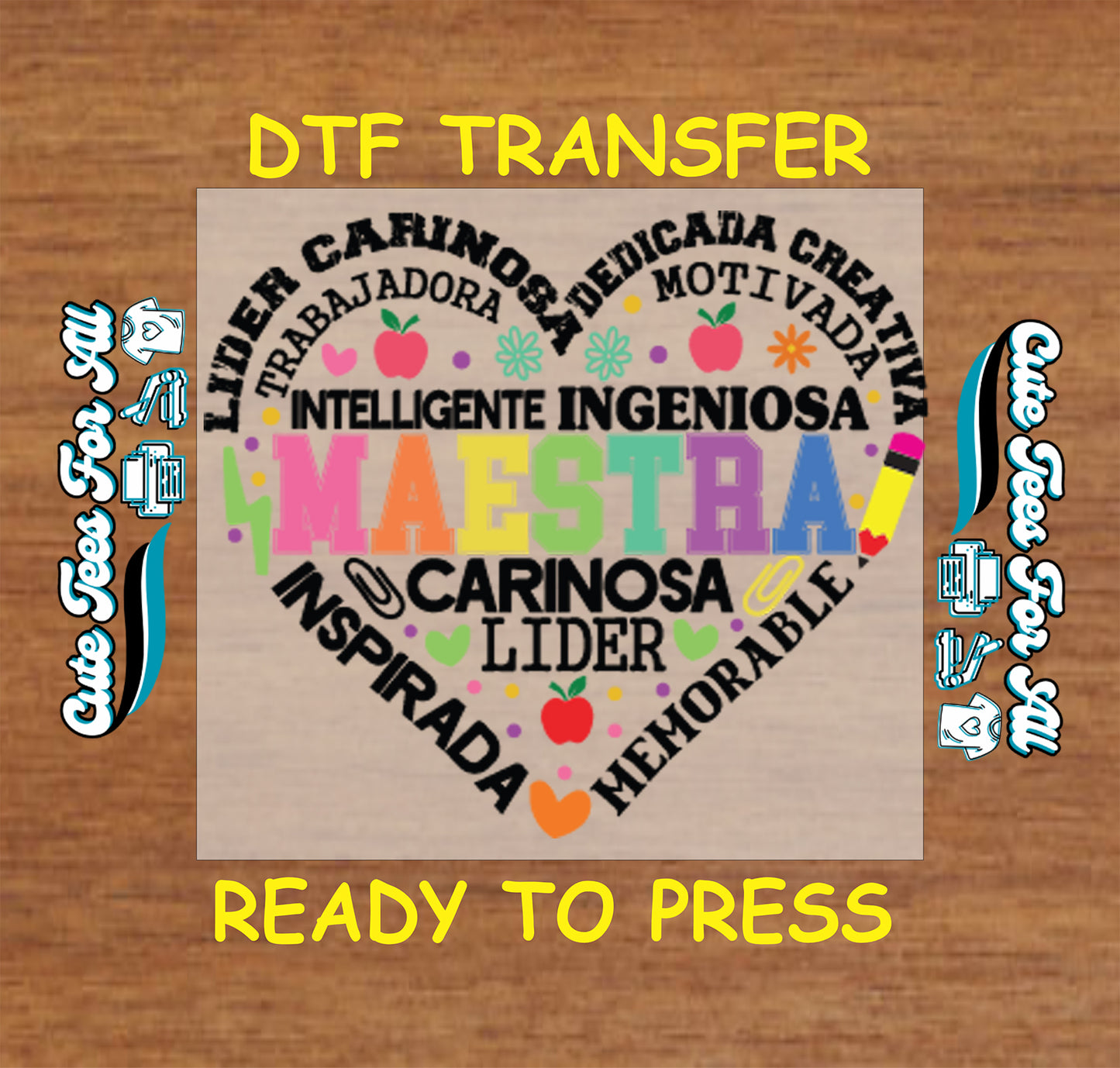 Spanish maestra heart word art teacher graphic ready to press dtf transfer with colorful school icons and inspirational text