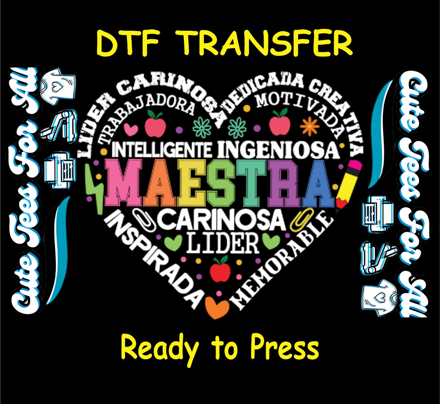 Maestra Spanish heart word art teacher graphic ready to press dtf transfer with colorful classroom icons and inspirational text