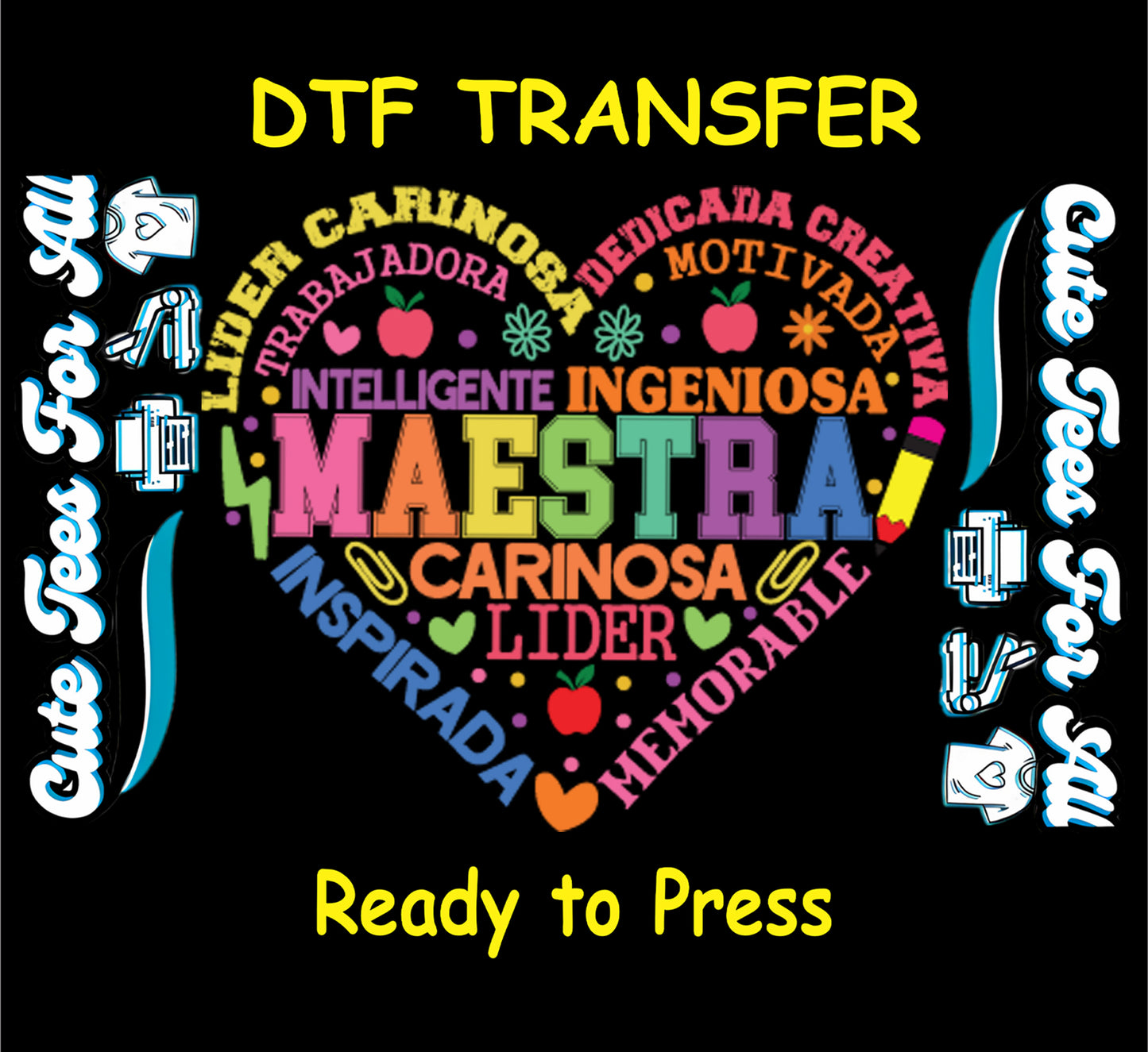 Maestra colorful Spanish heart word art teacher graphic ready to press dtf transfer with classroom icons and inspirational text