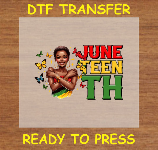 "Juneteenth DTF transfer with an empowered woman and butterflies design"