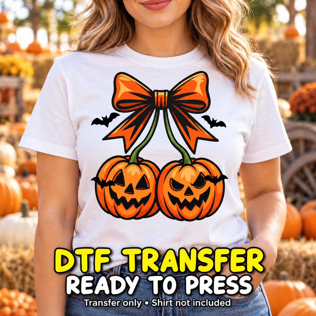 Halloween Jack O Lantern Pumpkin Bow DTF Transfer - Ready to Press shirt mock up