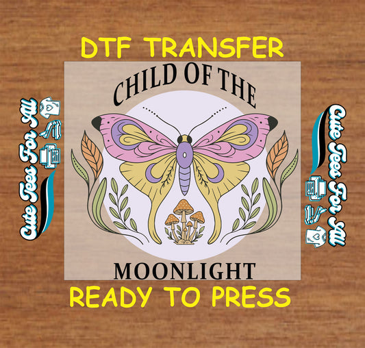 Child of the Moonlight butterfly mushroom boho artwork ready to press dtf transfer with pastel colors and botanical elements