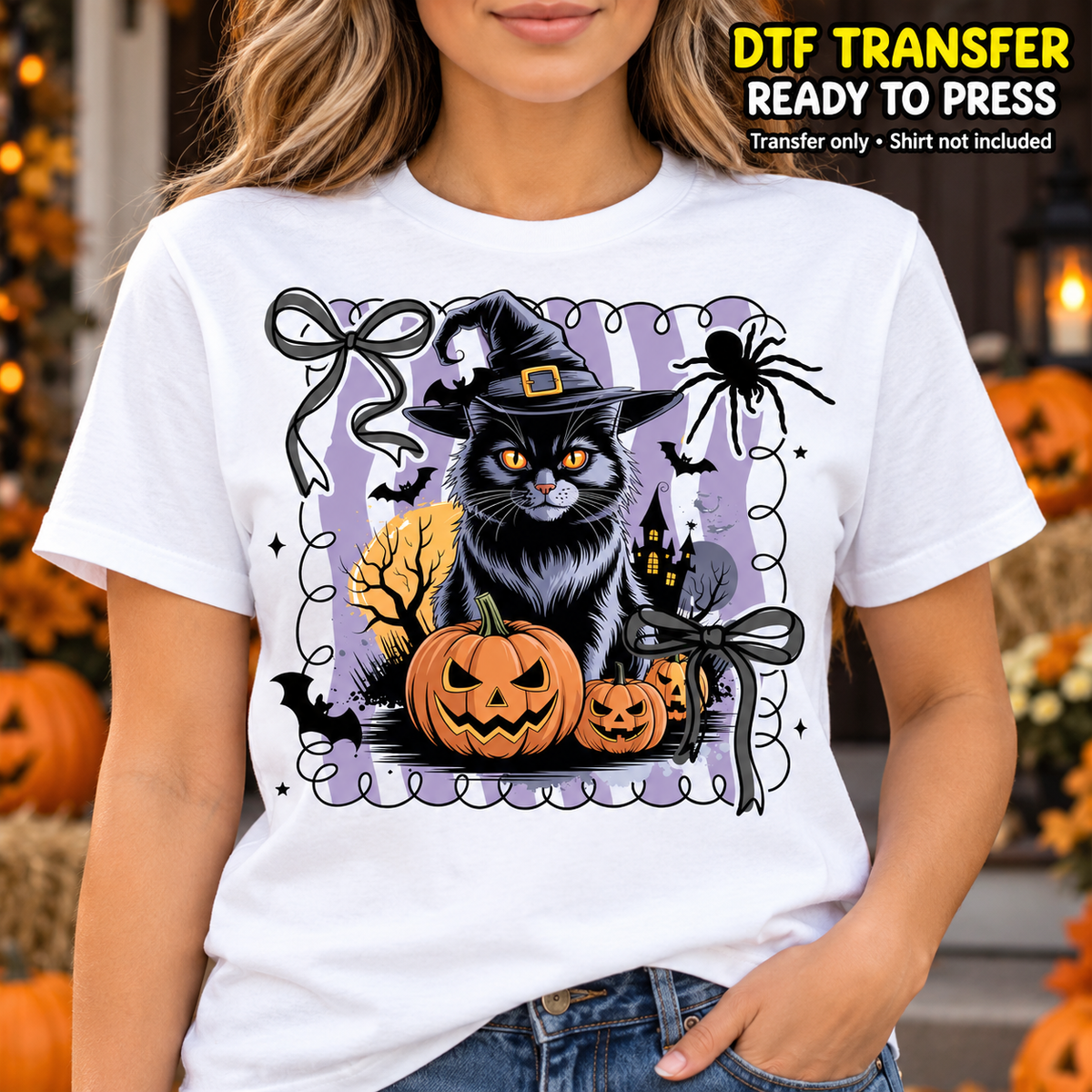 Halloween Witch Black Cat and Pumpkin DTF Transfer - Ready to Press shirt mock up