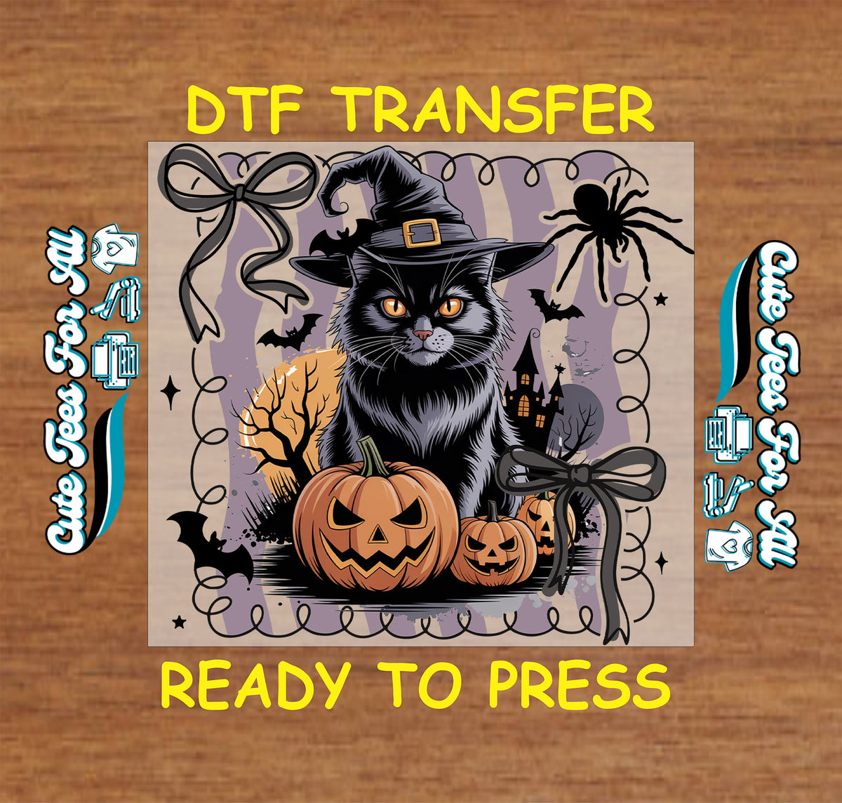 Halloween Witch Black Cat and Pumpkin DTF Transfer - Ready to Press mock up
