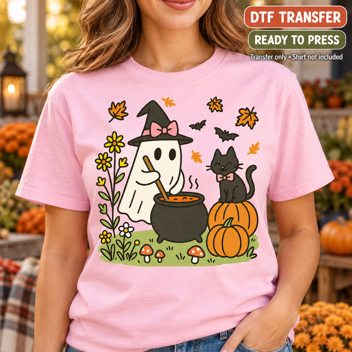 Fall Halloween Ghost Witch Cat and Cauldron DTF Transfer - Ready to Press shirt mock up