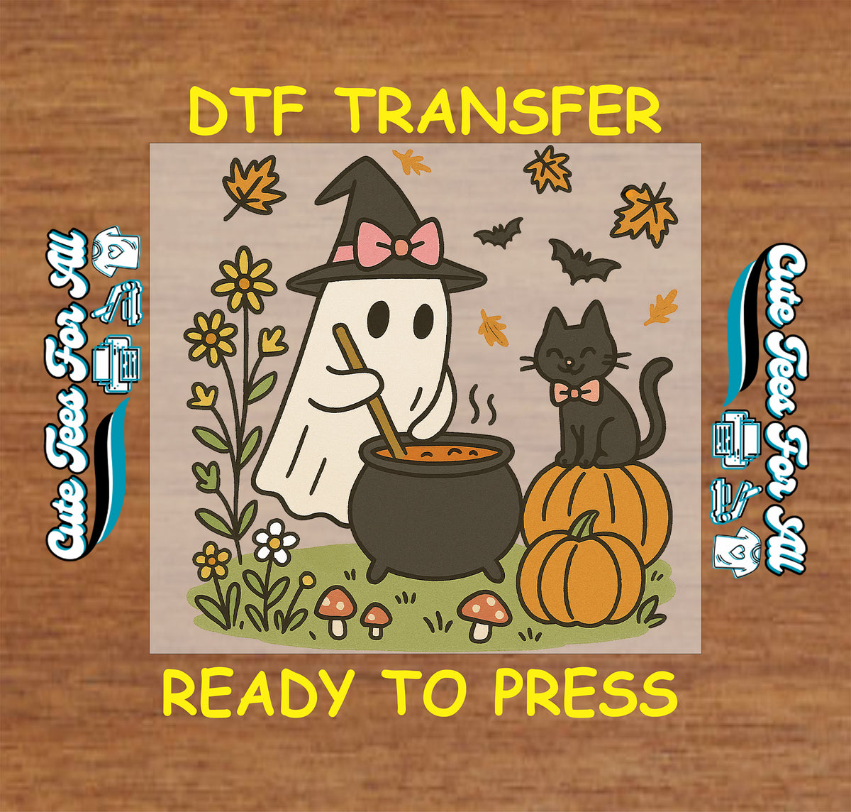 Fall Halloween Ghost Witch Cat and Cauldron DTF Transfer - Ready to Press mock up