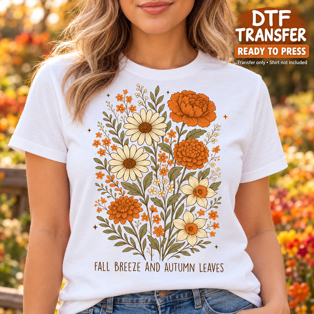 Fall Breeze and Autumn Leaves Floral DTF Transfer - Ready to Press shirt mock up