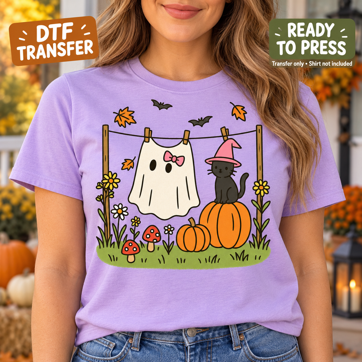 Fall Halloween Ghost and Witch Cat Clothesline DTF Transfer - Ready to Press shirt mock up