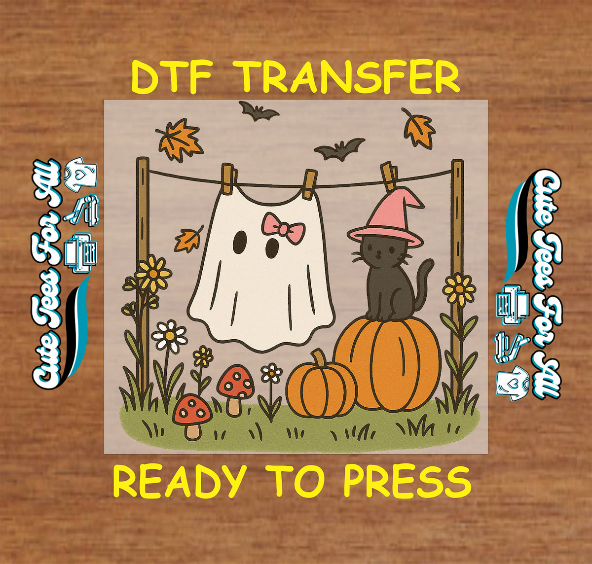 Fall Halloween Ghost and Witch Cat Clothesline DTF Transfer - Ready to Press mock up