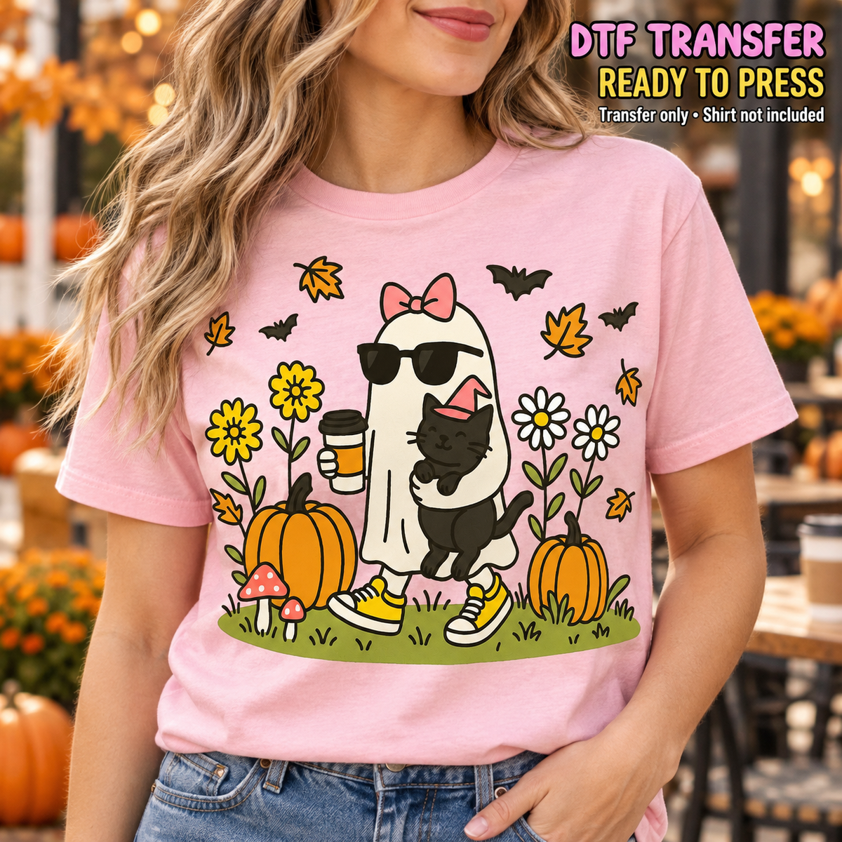 Fall Halloween Coffee Ghost and Black Cat DTF Transfer - Ready to Press shirt mock up