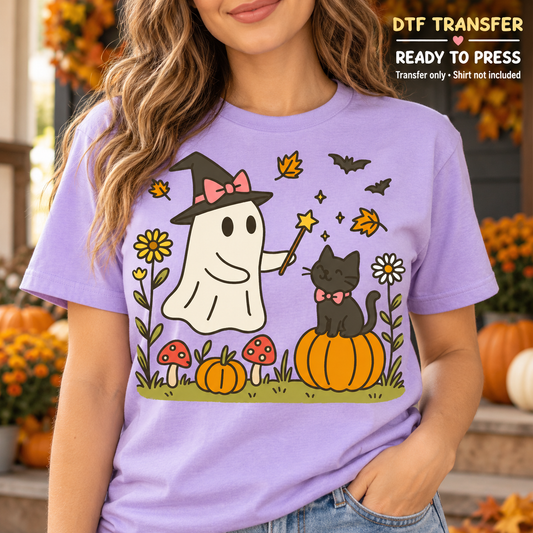 Fall Halloween Witch Ghost Wand and Black Cat DTF Transfer - Ready to Press shirt mock up