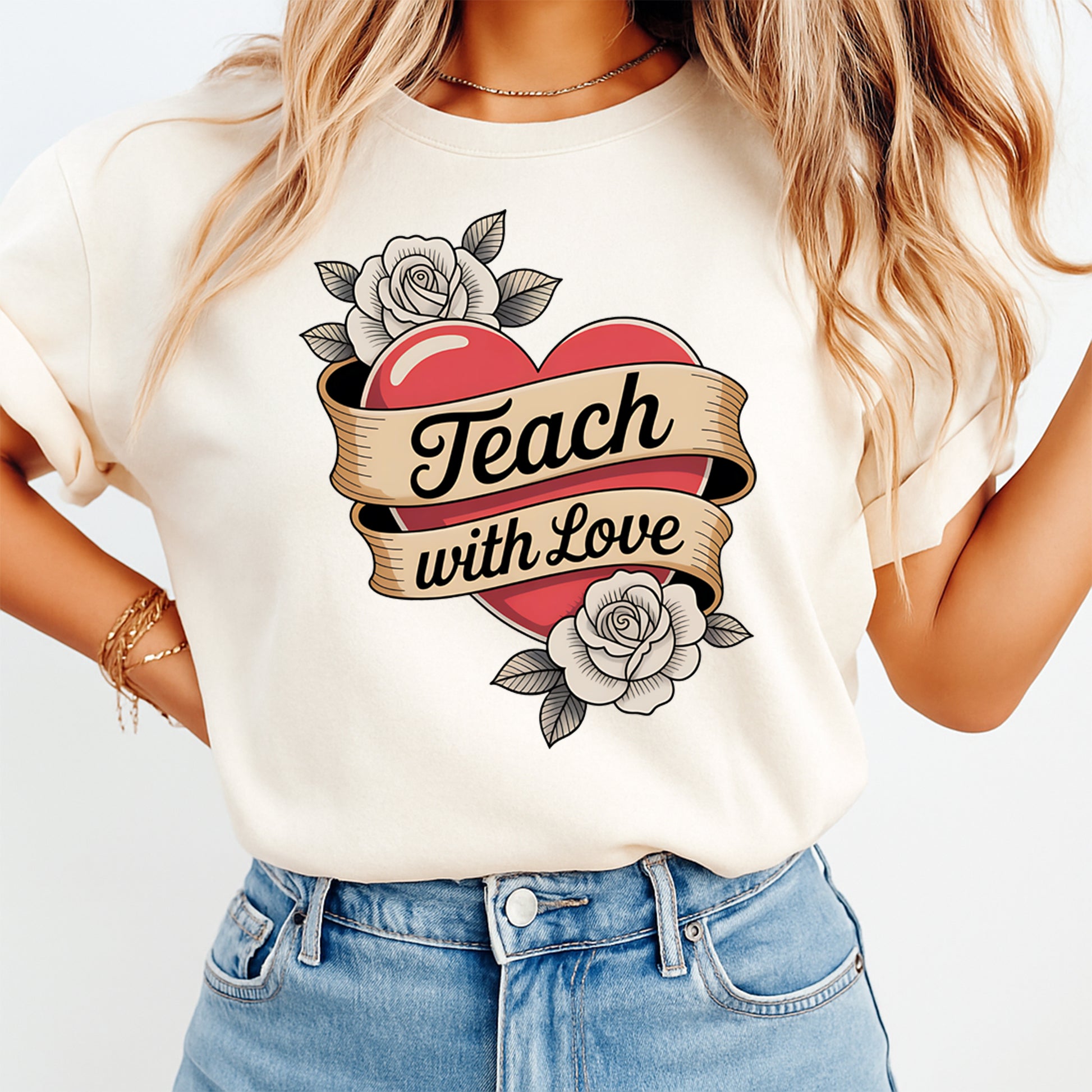Teach with Love teacher heart graphic displayed on shirt mockup featuring floral banner artwork for teacher apparel