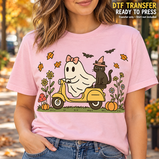 Fall Halloween Ghost Scooter and Witch Cat DTF Transfer - Ready to Press shirt mock up