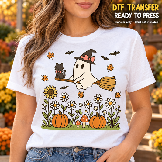 Fall Halloween Ghost Witch Broom and Cat DTF Transfer - Ready to Press shirt mock up