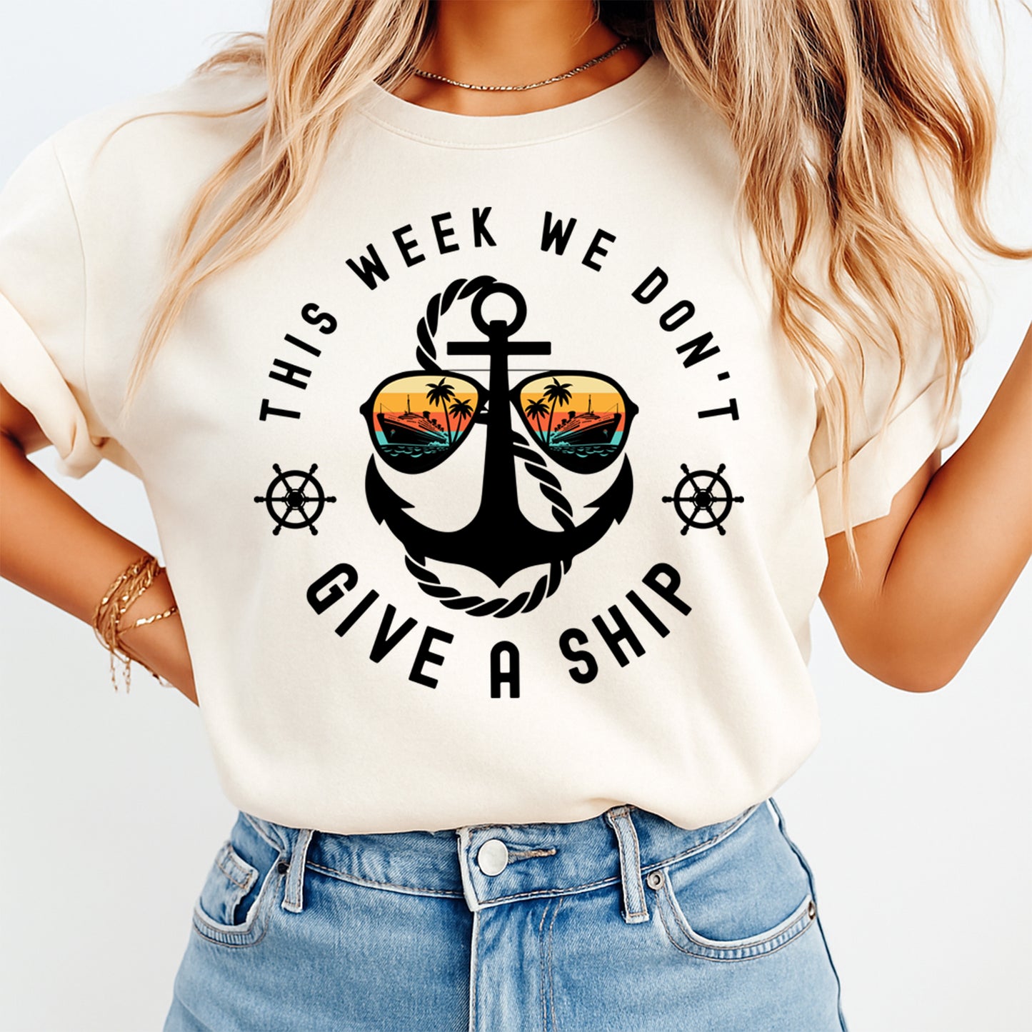 Funny summer anchor graphic with sunset sunglasses displayed on shirt mockup for beach and vacation apparel