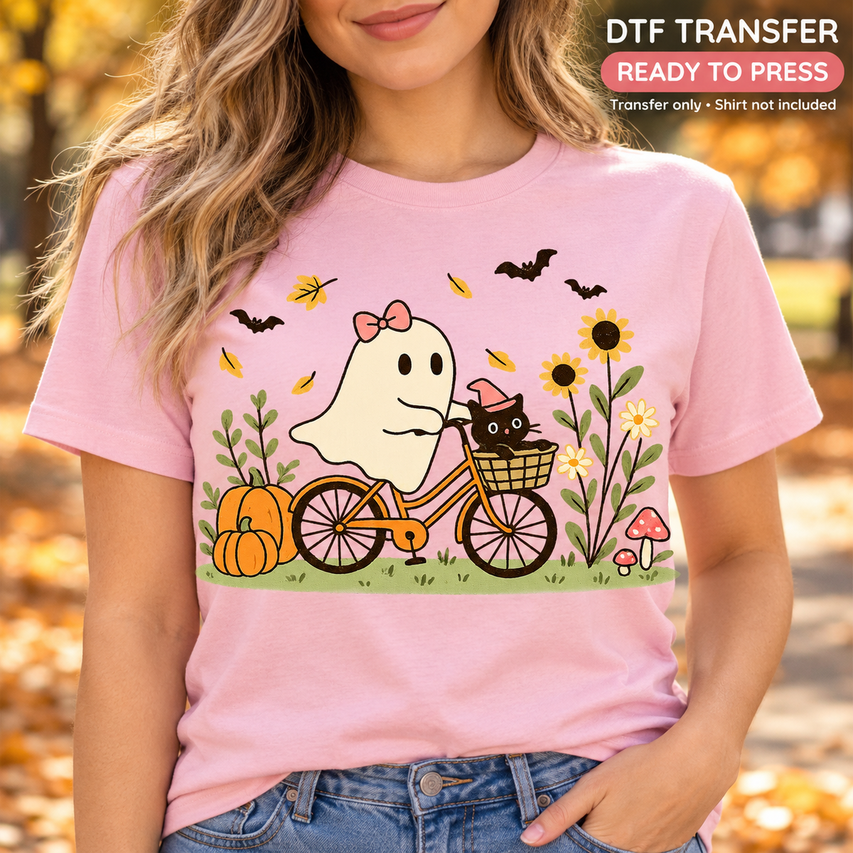 Fall Halloween Ghost Bicycle and Witch Cat DTF Transfer - Ready to Press shirt mock up