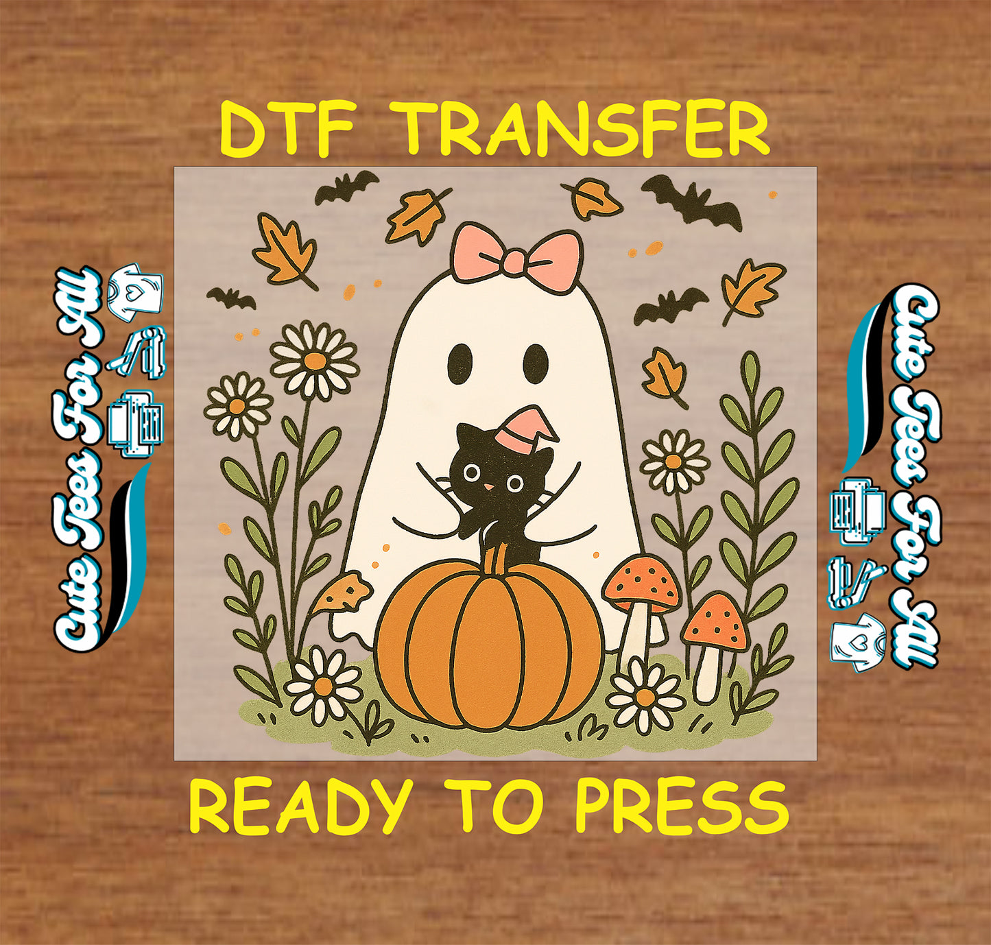 Halloween ghost pumpkin cat ready to press dtf transfer with fall florals, mushrooms, and bats, iron on heat transfer decal for DIY Halloween shirts