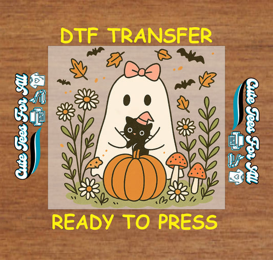 Halloween ghost pumpkin cat ready to press dtf transfer with fall florals, mushrooms, and bats, iron on heat transfer decal for DIY Halloween shirts