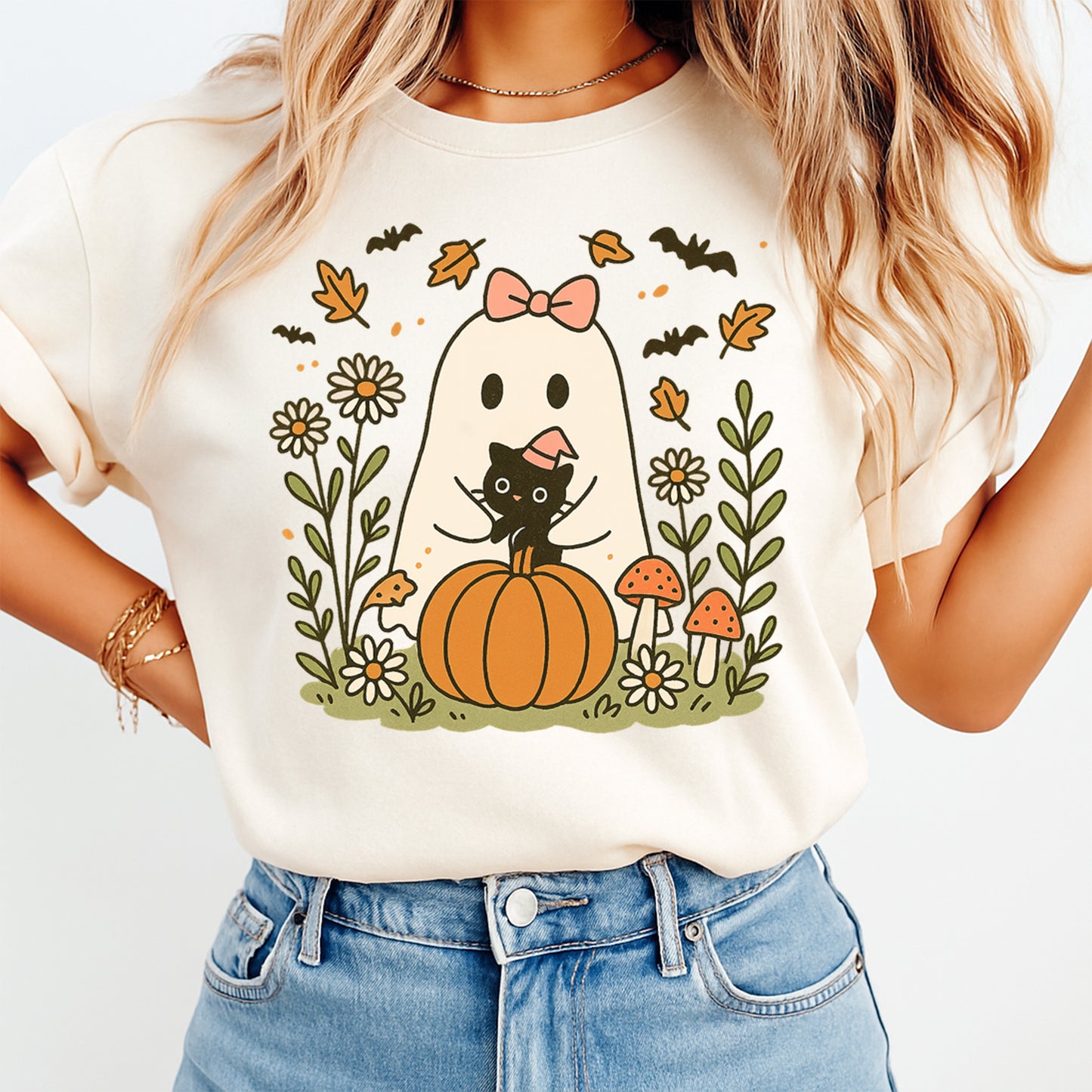 Halloween ghost and pumpkin cat graphic displayed on shirt mockup using ready to press dtf transfer for DIY Halloween apparel