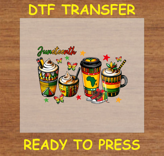 "Juneteenth DTF transfer with African-inspired coffee cups and butterflies for cultural pride"