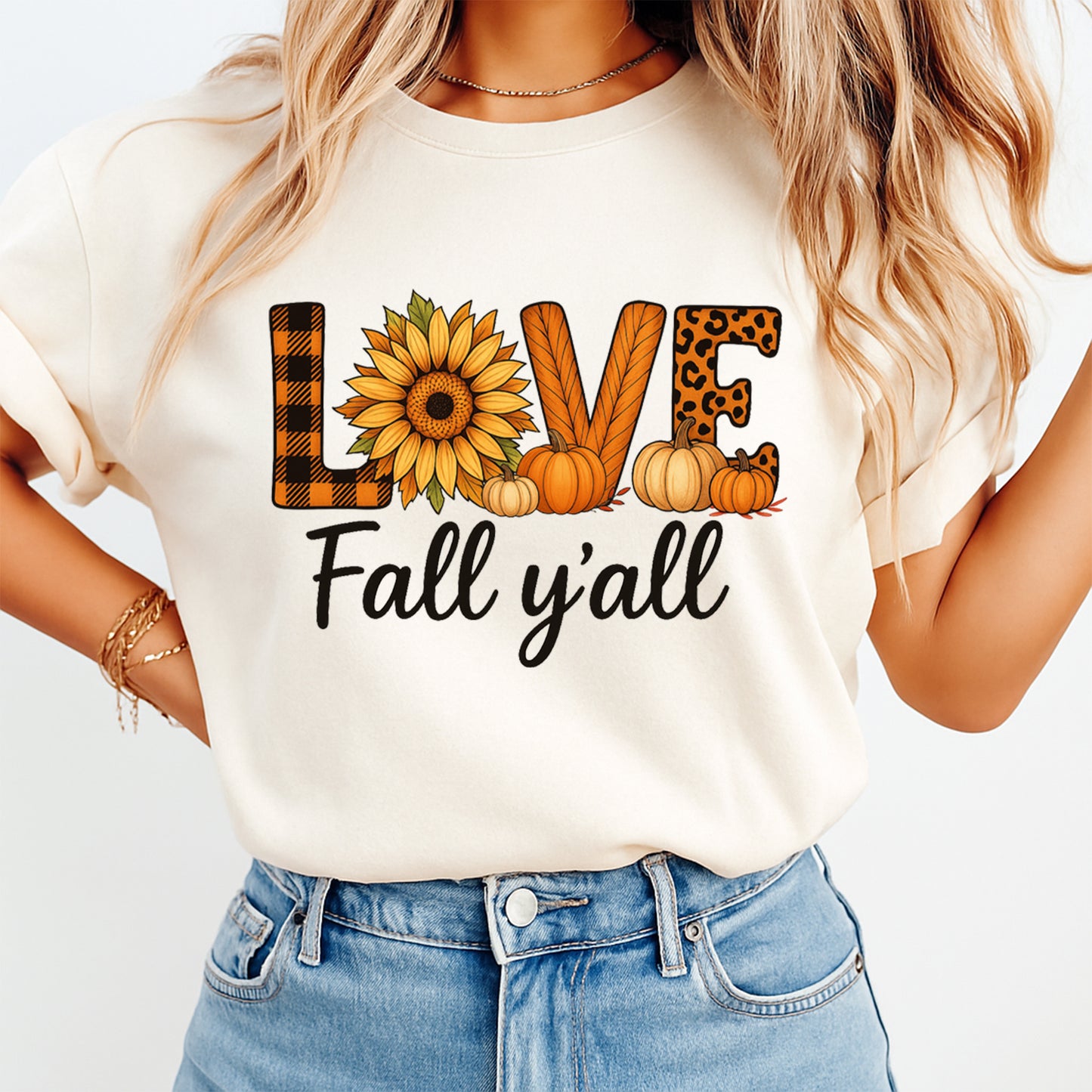 Love Fall yall sunflower pumpkin fall graphic printed on a cream short sleeve shirt shown as finished apparel preview