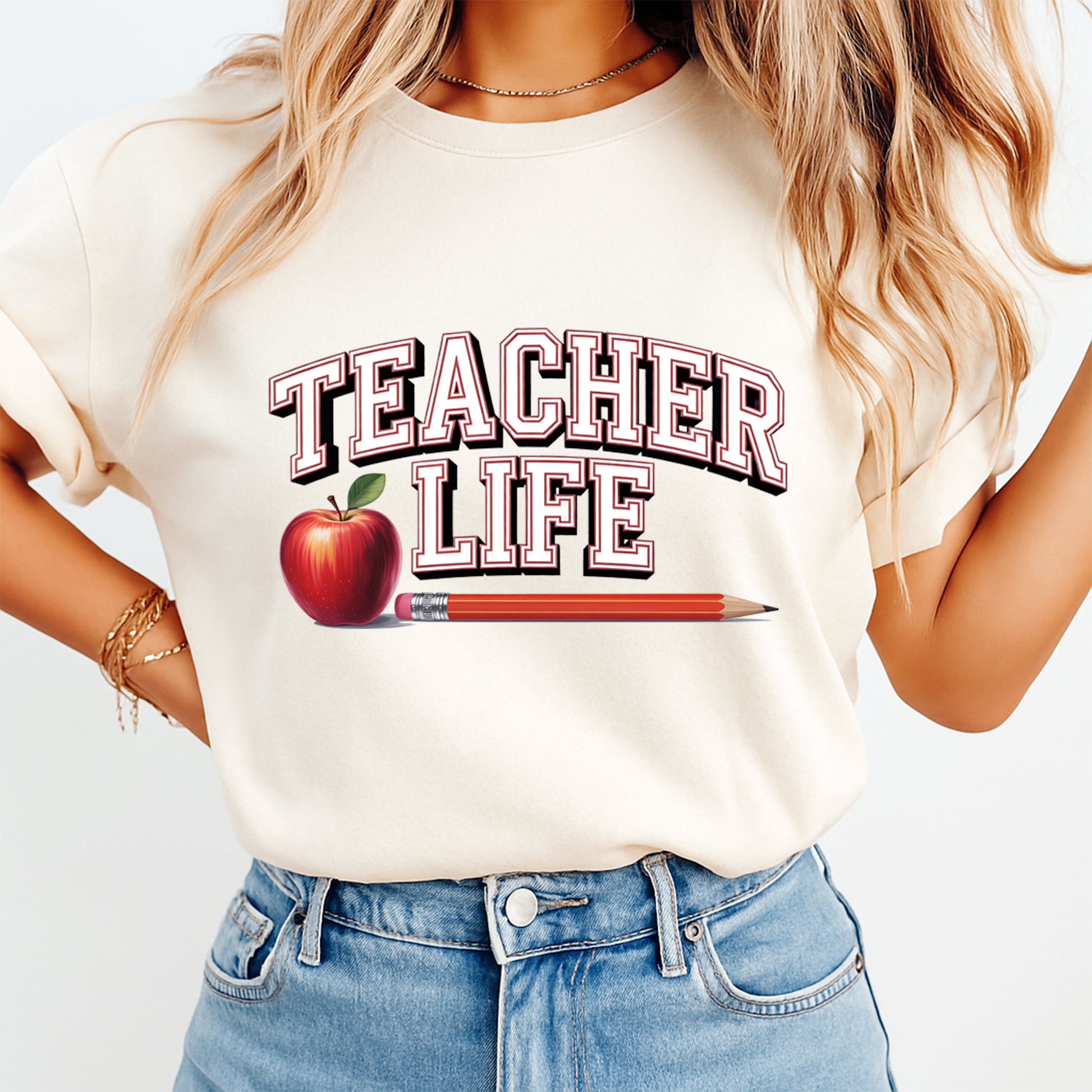 Teacher Life apple and pencil graphic printed on shirt showing finished teacher themed apparel