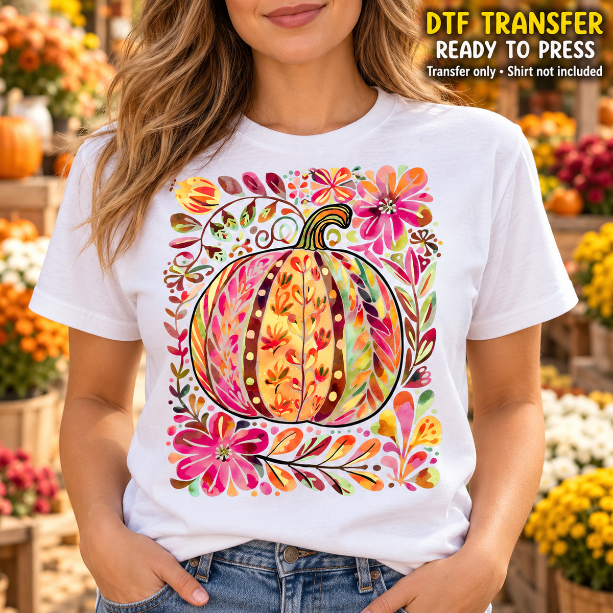 Fall Colorful Floral Pumpkin DTF Transfer - Ready to Press shirt mock up