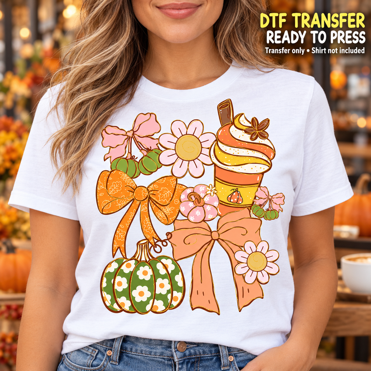 Fall Pumpkin Spice Coffee Bows and Daisies DTF Transfer - Ready to Press shirt mock up