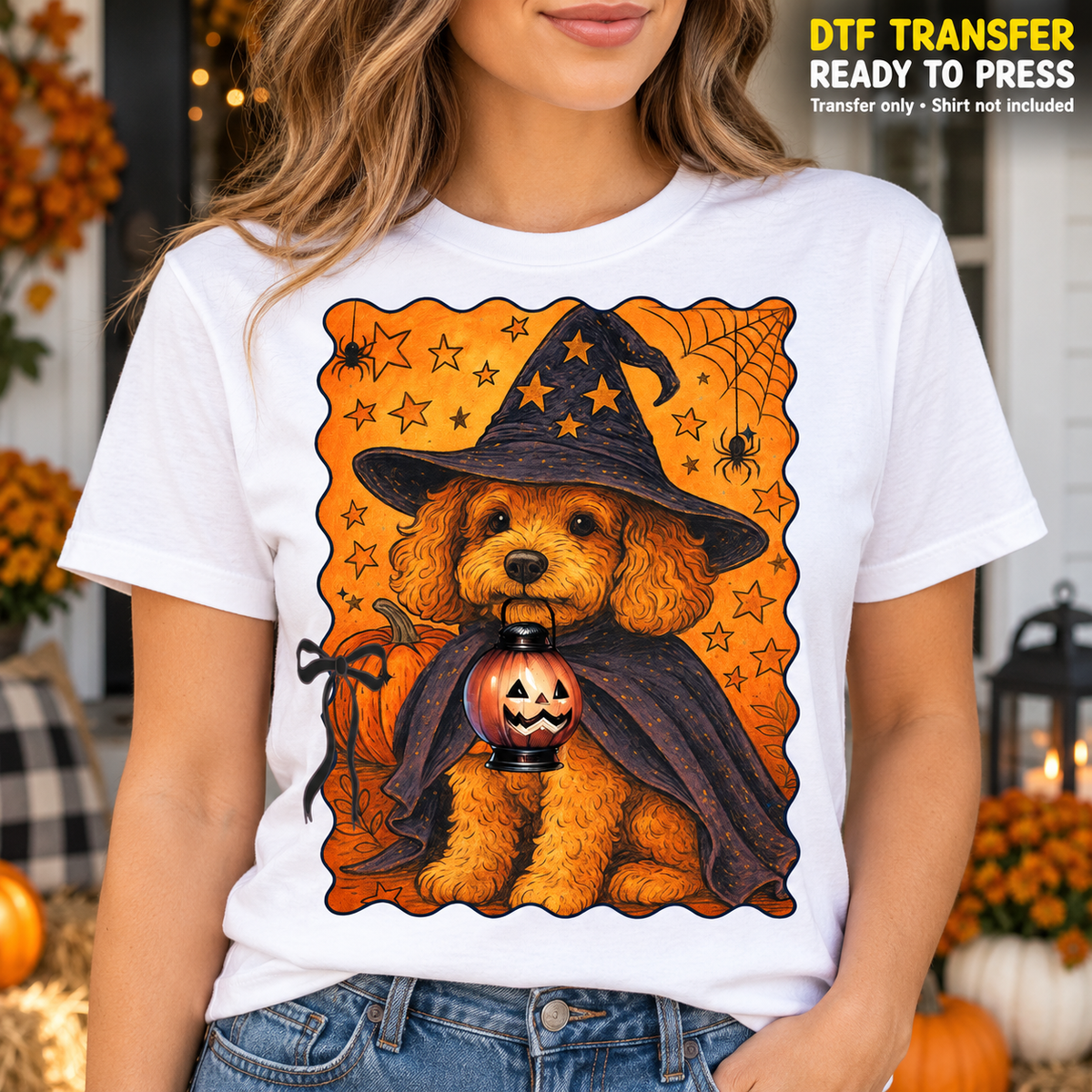 Halloween Witch Dog Pumpkin Lantern DTF Transfer - Ready to Press shirt mock up