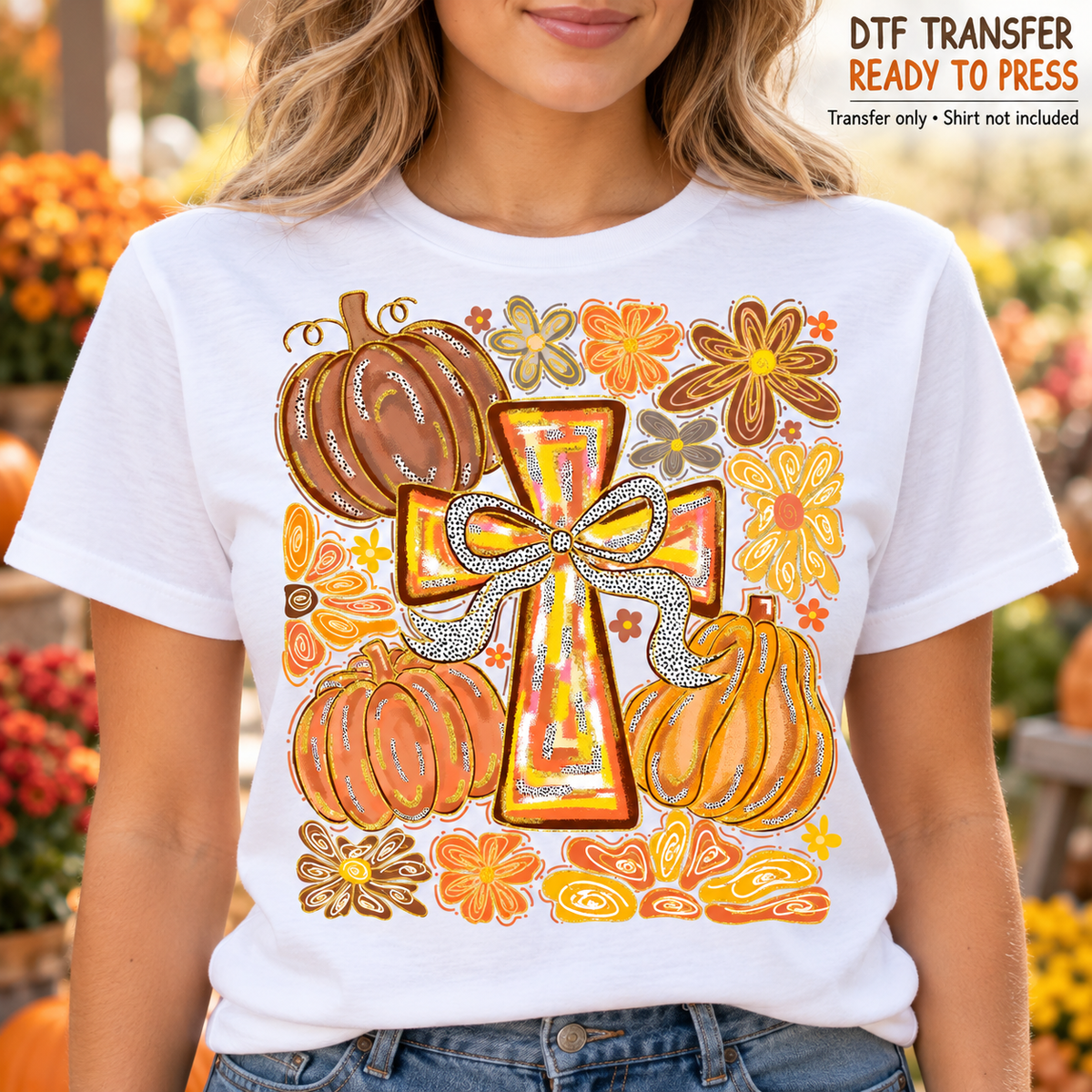 Fall Christian Cross Pumpkin Bow and Flowers DTF Transfer - Ready to Press shirt mock up