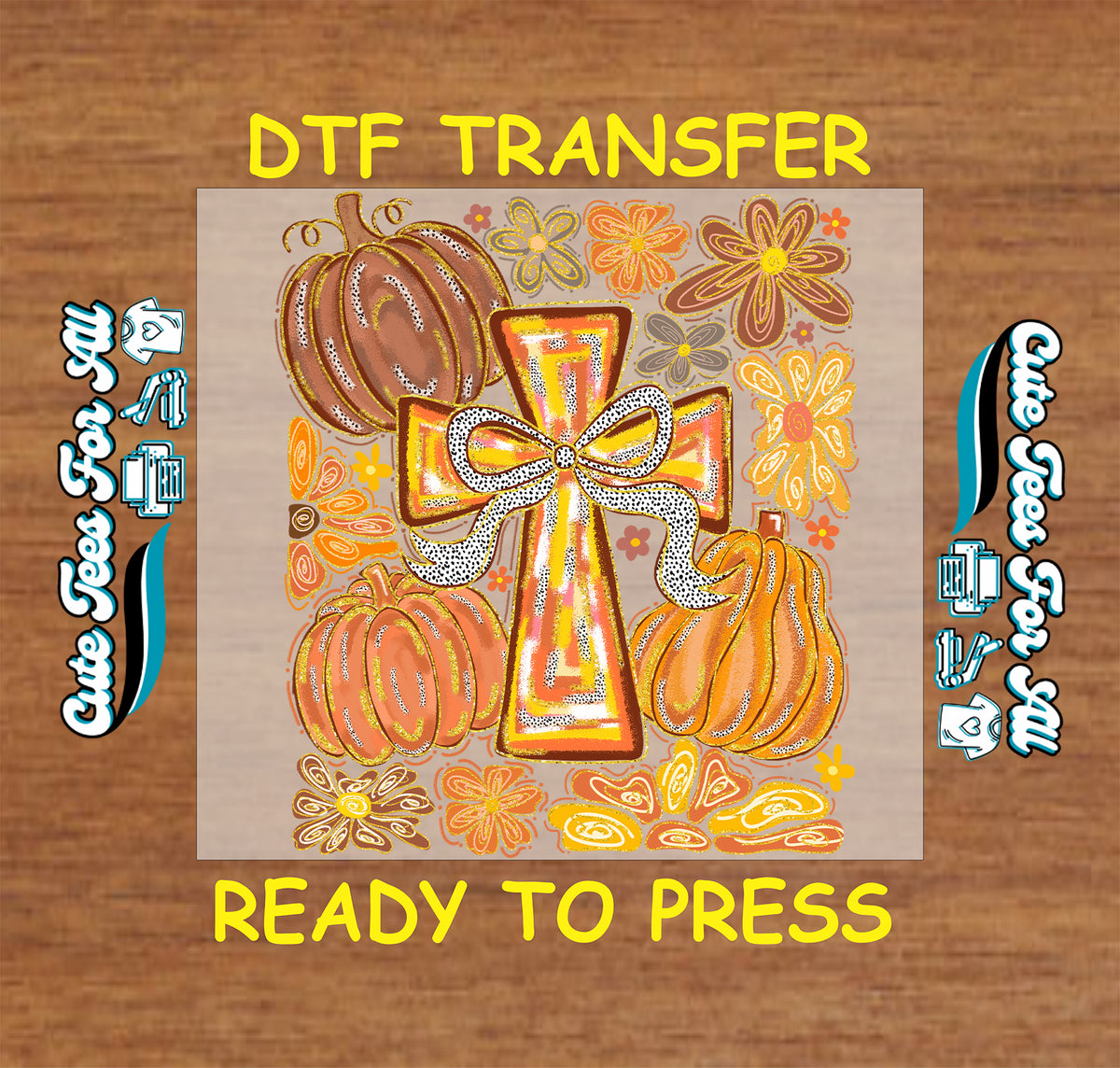 Fall Christian Cross Pumpkin Bow and Flowers DTF Transfer - Ready to Press mock up