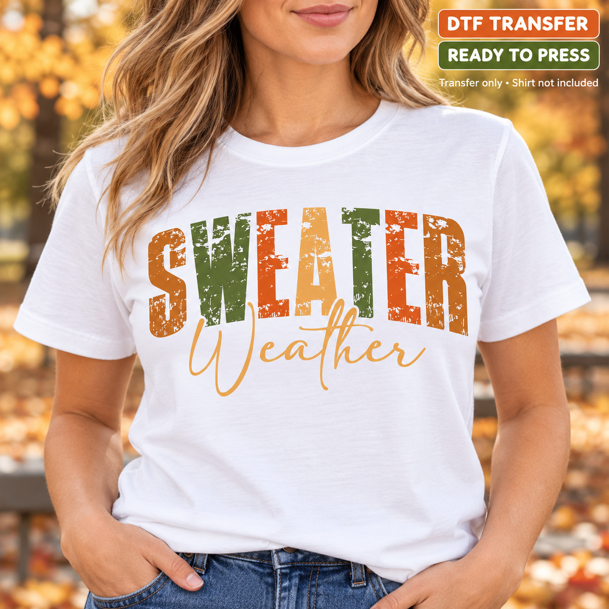 Fall Sweater Weather DTF Transfer – Retro Lettering shirt mock up