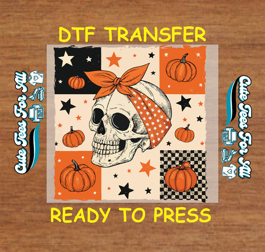 Halloween skull pumpkin bow patchwork artwork ready to press dtf transfer iron on heat transfer sheet for DIY Halloween shirts