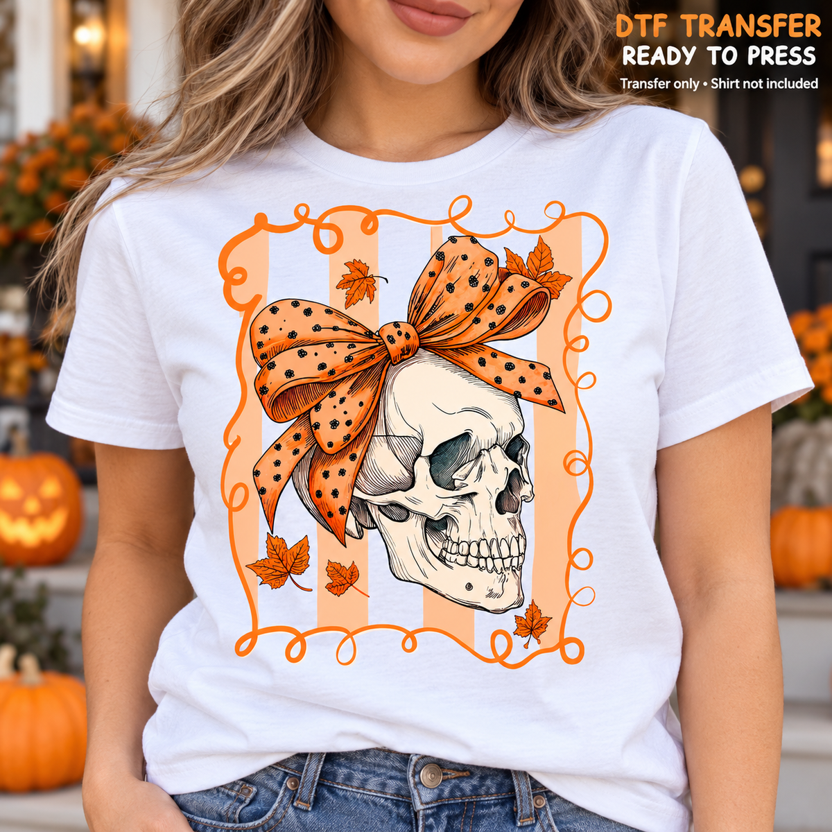 Fall Halloween Skull DTF Transfer – Orange Bow shirt mock up