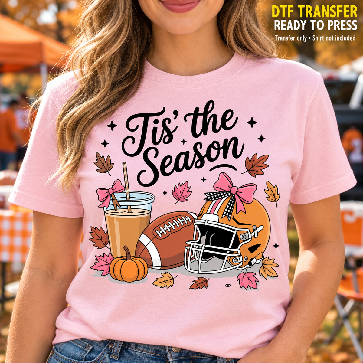 Fall Football DTF Transfer – Tis the Season Coffee Bow shirt mock up