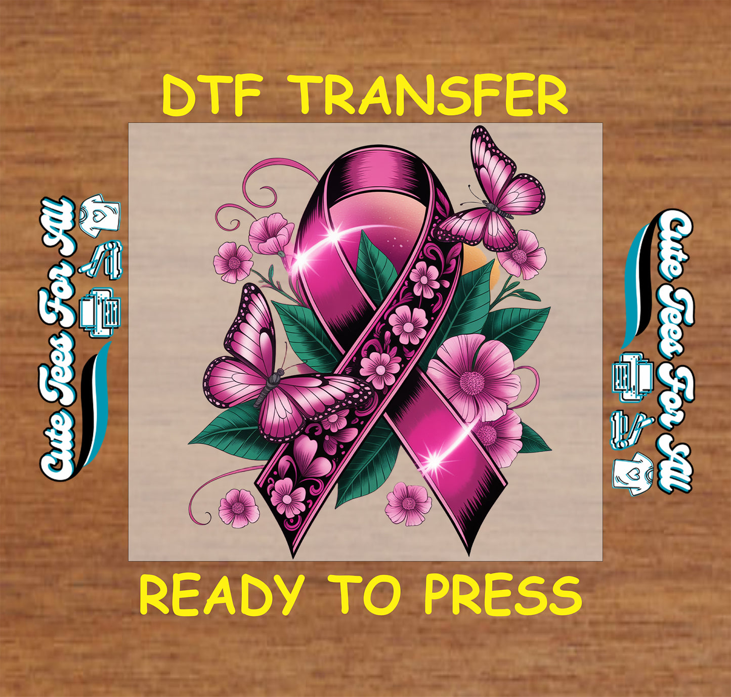 Pink ribbon butterfly floral artwork ready to press dtf transfer iron on heat transfer sheet for DIY awareness shirts